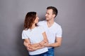 A young couple in love hugs and looks at each other Royalty Free Stock Photo