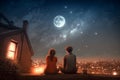 Young couple in love looking at the night sky with full moon, romantic scene, illustration generated by AI Royalty Free Stock Photo