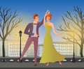 Young couple. Man and woman dancing ballroom dance in the street of the old town. Vector illustration.