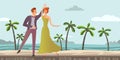 Young couple. Man and woman dancing ballroom dance on a tropical beach with palm trees. Vector illustration. Royalty Free Stock Photo