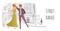 Young couple in love. Man and woman dancing in the street of the old town. Vector illustration. Royalty Free Stock Photo