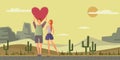 Young couple in love. Man and woman on a romantic date in desert landscape. Vector illustration.