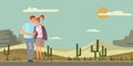 Young couple in love. Man and woman on a romantic date in desert landscape. Vector illustration.