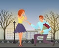 Young couple in love. Man and woman on a romantic date in the street of the old town. Vector illustration.