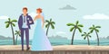 Couple in love. Young man and woman at the wedding on a tropical beach with palm trees. Vector illustration. Royalty Free Stock Photo