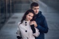 Young couple in love outdoor. They are smiling and looking at each other Royalty Free Stock Photo