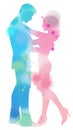 Young couple in love silhouette plus abstract watercolor. Valent