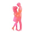 Young couple in love silhouette plus abstract watercolor. Valentine`s day concept. Digital art painting Royalty Free Stock Photo