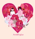 Young couple in love sits in flowers against the background of big red heart. Wedding invitation, Valentine`s Day greeting card Royalty Free Stock Photo