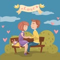 Young couple in love sitting together on the bench in the park, Valentines day card with romantic couple vector Royalty Free Stock Photo