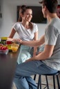 A young couple in love spending beautiful morning at home together. Couple, love, breakfast, together Royalty Free Stock Photo