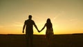 Young couple in love walking across the field holding hands. girl and man go to the sunset. happy family walks in the Royalty Free Stock Photo