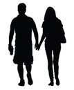 Young couple in love walking around and holding hands vector silhouette. Happy couple walking. Boy and girl tenderness. Royalty Free Stock Photo