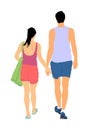 Young couple in love walking and holding hands vector illustration. Happy time for lovers. Beautiful back view sport tall people. Royalty Free Stock Photo