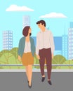 Young couple in love walks in a city park. People walk on fresh air. Urban square. Outdoor activity Royalty Free Stock Photo