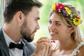 young couple in love Wedding Bride and groom holding hand together and looking at each other . Newlyweds. Closeup portrait of a Royalty Free Stock Photo