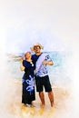 Young couple lover traveling on the beach at Phuket, Thailand on watercolor illustration painting background.