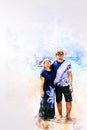 Young couple lover traveling on the beach at Phuket, Thailand on watercolor illustration painting background.