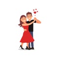 Young couple of lovers in dancing action. Woman in red dress, man in black t-shirt and blue pants. Flat vector design Royalty Free Stock Photo