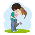 Young couple of lovers standing, hugging and kissing. Original hand drawn illustration Royalty Free Stock Photo