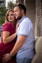 Young couple loving each other. Man and woman vetoed on a city street