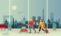 Young couple with Luggage at the airport. Against the background of an abstract panorama of the Paris attractions. Royalty Free Stock Photo