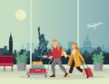 Young couple with Luggage at the airport. Against the background of an abstract panorama of the U.S. attractions.