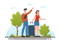 Young couple with luggage standing near road and hitchhiking