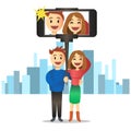 Young couple making self portrait using selfie stick. Vector.