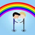 Young couple man hold wedding ring rainbow background LGBT conce