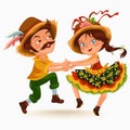 Young couple man woman dancing salsa on festivals celebrated in Portugal Festa de Sao Joao, girl straw hat traditional