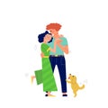 Young couple of man and woman is hugging and kissing outdoors, walking with their dog. Stock vector