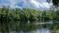 Young couple man and woman photographer kayaking down Santa Fe river in Florida in a yellow kayak with a forest