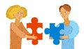 Young couple man and woman with puzzle pieces in their hands are building relationship by matching each other vector illustration