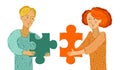 Young couple man and woman with puzzle pieces in their hands are building relationship by matching each other vector illustration