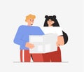 Young couple man and woman read bad news in the newspaper. Flat style vector illustrataion