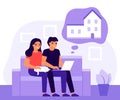 Young couple man and woman sitting on sofa with laptop and dreaming of home. Family choice of house. Take out house Royalty Free Stock Photo