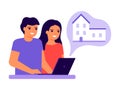 Young couple man and woman using laptop and dreaming of house. Family choice of home. Take out house building on credit and Royalty Free Stock Photo
