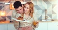 Young couple in morning with pancakes