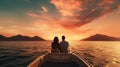 a young couple on a motorboat, gliding smoothly across calm waters. The minimalist style highlights the tranquility of