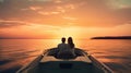 a young couple on a motorboat, gliding smoothly across calm waters. The minimalist style highlights the tranquility of