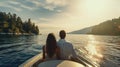 a young couple on a motorboat, gliding smoothly across calm waters. The minimalist style highlights the tranquility of