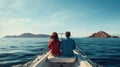 a young couple on a motorboat, gliding smoothly across calm waters. The minimalist style highlights the tranquility of