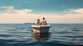 a young couple on a motorboat, gliding smoothly across calm waters. The minimalist style highlights the tranquility of