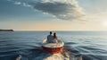 a young couple on a motorboat, gliding smoothly across calm waters. The minimalist style highlights the tranquility of