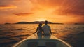 a young couple on a motorboat, gliding smoothly across calm waters. The minimalist style highlights the tranquility of