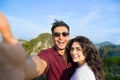 Young Couple Mountain View Point Happy Smiling Man And Woman Taking Selfie Photo On Cell Smart Phone Asian Holiday