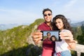 Young Couple Mountain View Point Happy Smiling Man And Woman Taking Selfie Photo On Cell Smart Phone Asian Holiday Royalty Free Stock Photo