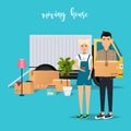 Young Couple Moving. Moving truck and cardboard boxes. Shipping