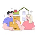 Young couple moving to a new house. Happy lovers, man and woman